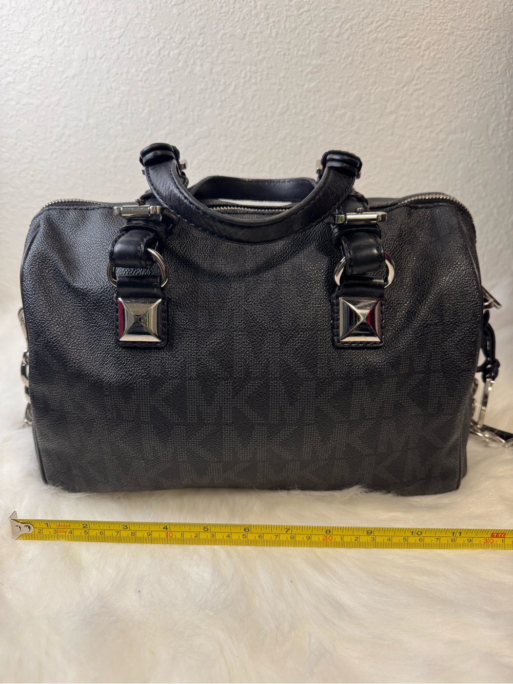 Michael Kors Black Leather Tote with Silver MK Charm